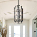 High Ceiling Entryway Chandelier: 12-Light Farmhouse Lantern Chandelier, Industrial Large Pendant Light Fixtures, Foyer Chandeliers for High Ceilings, for Entry, Staircase, Hallway (Black & Silver)