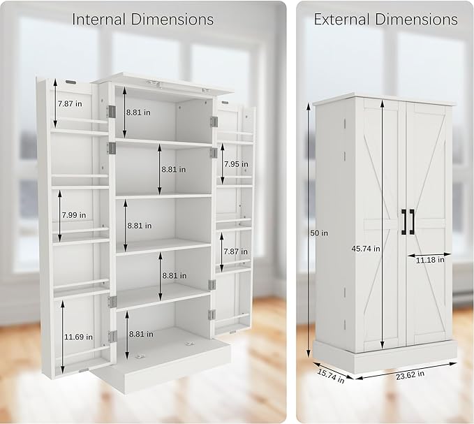 Kitchen Pantry Storage Cabinet w/LED, 50" Pantry Cabinets w/Doors and Adjustable Shelves, Freestanding Pantry Cupboard for Kitchen, Dinning Room, Living Room, Small Place, White