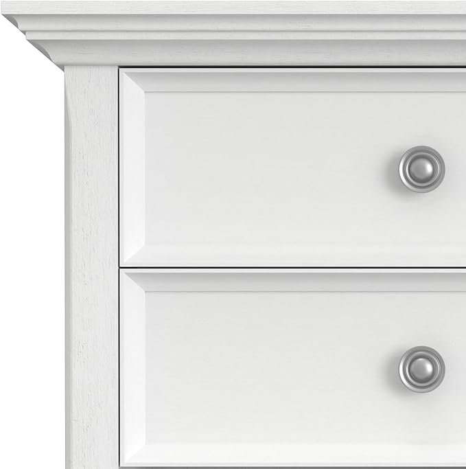 SIMPLIHOME Amherst Bedside Table - 24 inch Wide Solid Wood Nightstand Table in White, Transitional Bedroom Side or End Table with 2 Drawers, Open Storage Shelf and Bronze Hardware