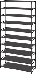 SONGMICS Shoe Rack, 10-Tier Shoe Storage Organizer, Space-Saving, 11 x 32.7 x 62.6 Inches, Entryway, Metal Frame, Non-Woven Fabric Shelves, Ink Black ULSH210B02