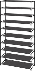 SONGMICS Shoe Rack, 10-Tier Shoe Storage Organizer, Space-Saving, 11 x 32.7 x 62.6 Inches, Entryway, Metal Frame, Non-Woven Fabric Shelves, Ink Black ULSH210B02