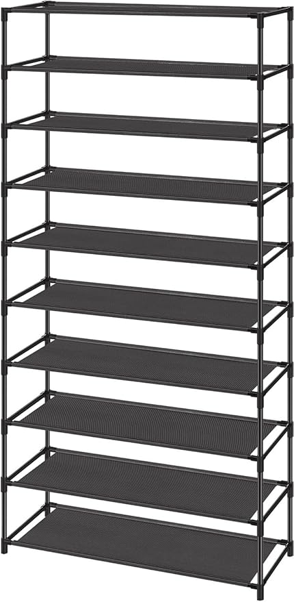 SONGMICS Shoe Rack, 10-Tier Shoe Storage Organizer, Space-Saving, 11 x 32.7 x 62.6 Inches, Entryway, Metal Frame, Non-Woven Fabric Shelves, Ink Black ULSH210B02