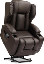 URRED Power Lift Recliner Chair for Elderly, Electric Massage Recliner with Heat, Infinite Position Adjustment, Faux Leather Lift Chair with Cup Holders, Side Pockets & USB Port – Brown