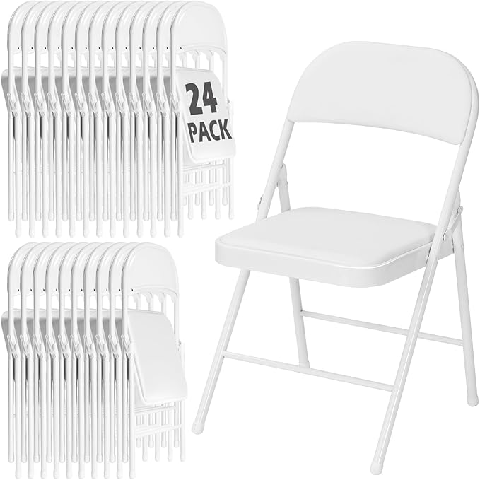 24 Pack White Folding Chairs with Padded Cushion for Outside, Portable Stackable Commercial Metal Foldable Chairs with Steel Frame for Home Events Office Wedding Party, 350lbs Capacity