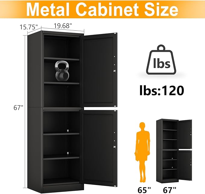 Metal Locker Tall Narrow Storage Cabinet, 67" H Locking Tool File Cabinets Snack Locker Organizer for School Classroom,Bedroom,Gym Home Office,Entryway and Hallway (20" W 2Door Black)