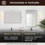 ANDY STAR Wall Mirror for Bathroom, 24x36 Inch Black Bathroom Mirror, Stainless Steel Metal Frame with Rounded Corner, Rectangle Glass Panel Wall Mounted Mirror Decorative for Bathroom