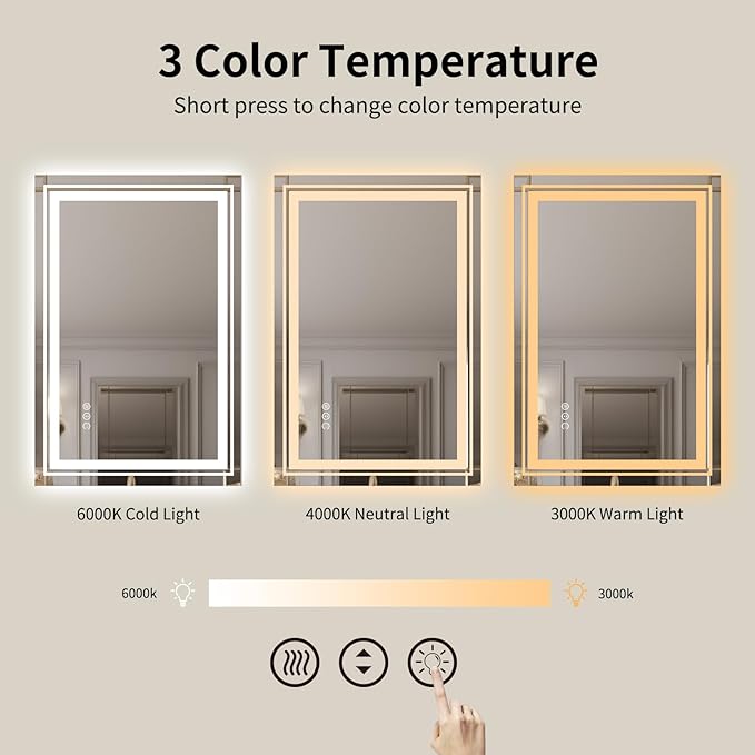 WTTY LED Bathroom Mirror 40"x30" with Back and Front Light,Modern LED Mirror for Bathroom,Stepless Dimmable Lighted Bathroom Vanity Mirror with Anti-Fog,Memory Function,Shatter-Proof