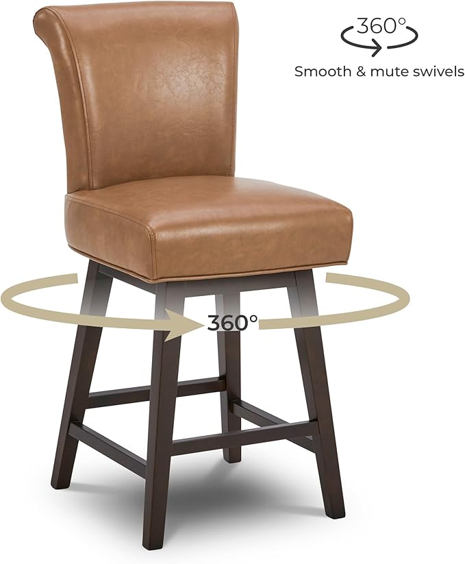 CHITA 26 Inch Counter Height Swivel Bar Stool, FSC Certified Modern Upholstered Faux Leather Swivel Barstool Chair with Back,Saddle Brown