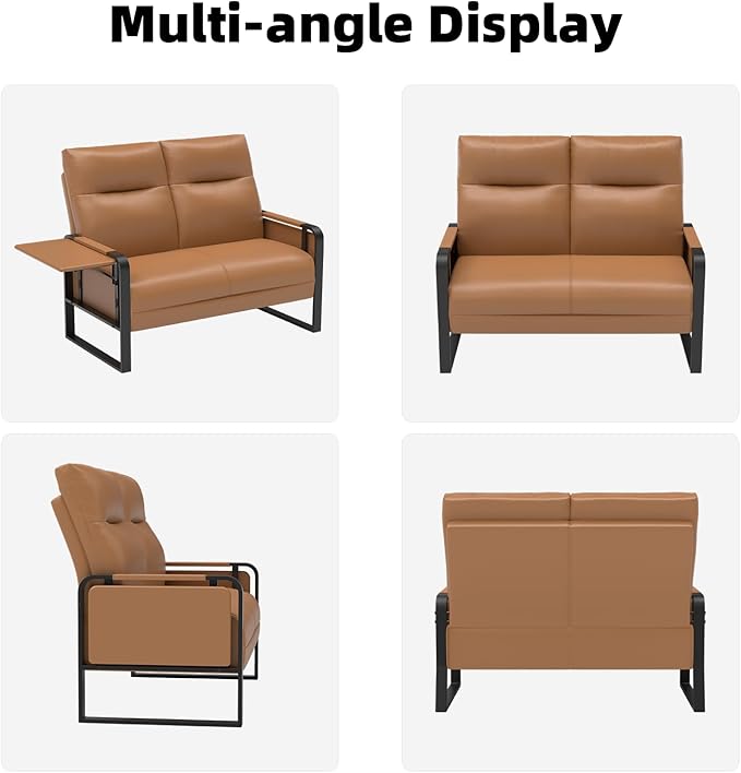 Faux Leather Loveseat, Upholstered Loveseat with Side Tray Table & Storage Pocket, Small Loveseat for Living Room, Modern 2 Seater Sofa Couch for Small Spaces, Bedroom, Brown