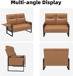 Faux Leather Loveseat, Upholstered Loveseat with Side Tray Table & Storage Pocket, Small Loveseat for Living Room, Modern 2 Seater Sofa Couch for Small Spaces, Bedroom, Brown