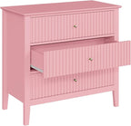 RoyalCraft Fluted 32 inch Wide Nightstand for Bedroom, Large Pink Nightstand with 3 Drawer, Modern End Table, Wood Beside Table for Home and Office