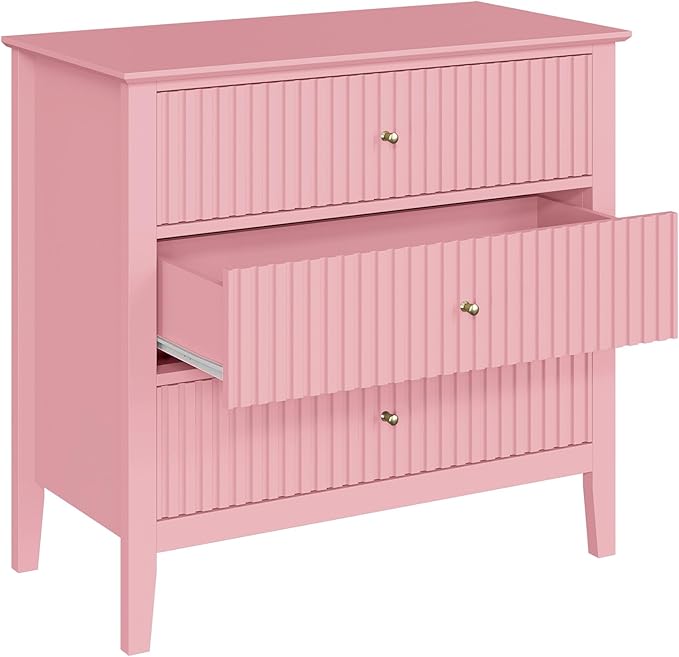 RoyalCraft Fluted 32 inch Wide Nightstand for Bedroom, Large Pink Nightstand with 3 Drawer, Modern End Table, Wood Beside Table for Home and Office