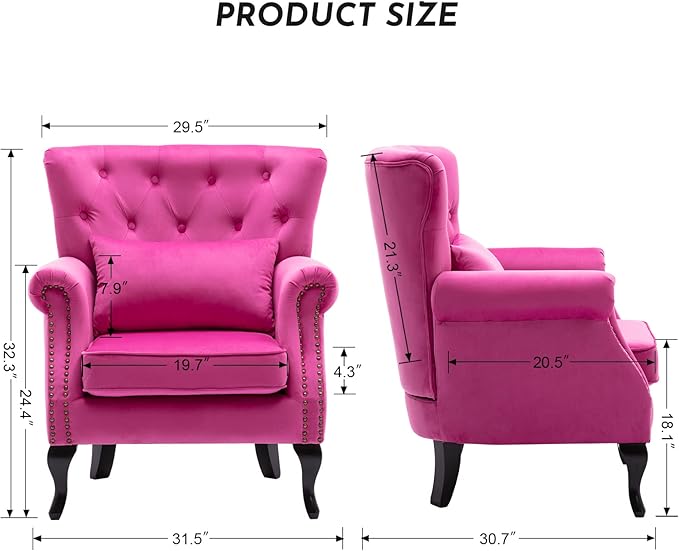 Accent Reading Arm Chairs Set of 2 for Living Room Bedroom, Midcentury Modern Comfy Corner Sofa Chair, Wingback Waiting Room Club Chair with Button Tufted Back &Lumbar Pillow, Velvet Rose