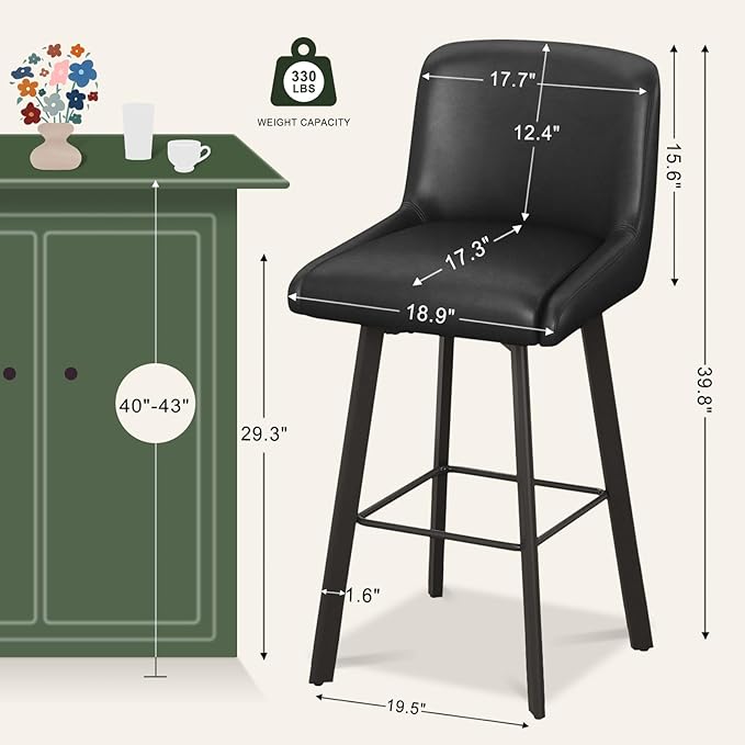Swivel Bar Stools, 30''H Upholstered Barstools with Backs, Modern Counter Height Bar Stool Chairs for Kitchen Island, Metal Legs (Black- Faux Leather, Set of 2-30" H)