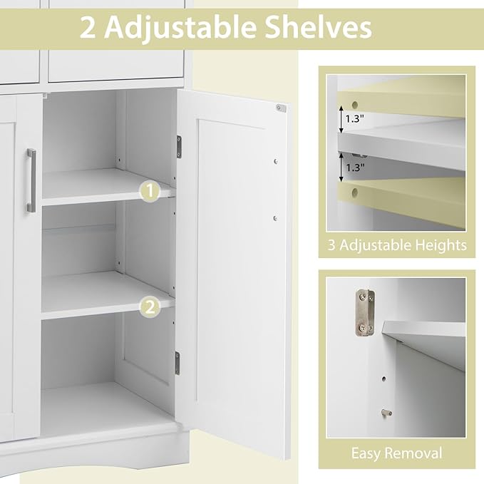 Giantex Bathroom Floor Storage Cabinet - Freestanding Storage Cabinet with 2 Doors, 2 Drawers, 2 Adjustable Shelves, Storage Organizer for Living Room, Bathroom, Kitchen, Hallway Cabinets (White)