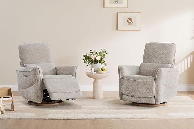CHITA Power Nursery Rocking Chair, Swivel Glider Recliner Chair with Solid Wood Base, Bulit-in USB & Type-C Charging Ports for Living Room, FSC Certified, Taupe