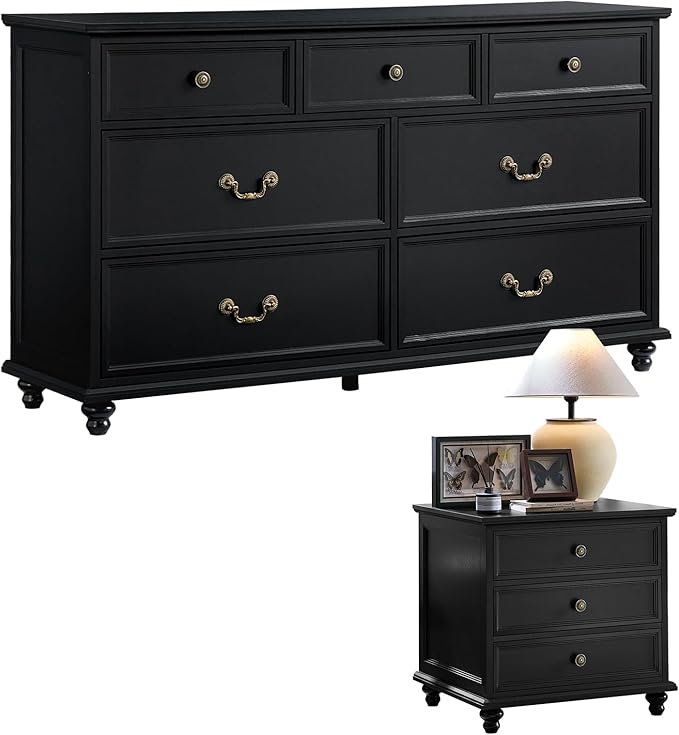 Farmhouse Dresser and Nightstand Sets, Wooden 7 Drawers Dresser & 24" Night Stand with 3 Drawers, 2 Piece Bedroom Furniture Set, Chest of Drawers for Bedroom, Home, Living Room, Hallway