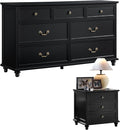 Farmhouse Dresser and Nightstand Sets, Wooden 7 Drawers Dresser & 24" Night Stand with 3 Drawers, 2 Piece Bedroom Furniture Set, Chest of Drawers for Bedroom, Home, Living Room, Hallway