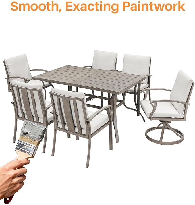 7-Piece Outdoor Dining Set, Aluminum Patio Dining Set with Umbrella Hole, Patio Table Furniture Sets with Cushions, 4 Dining Chairs, and 2 Swivel Chairs for Deck, Garden, Backyard, Limed Oak