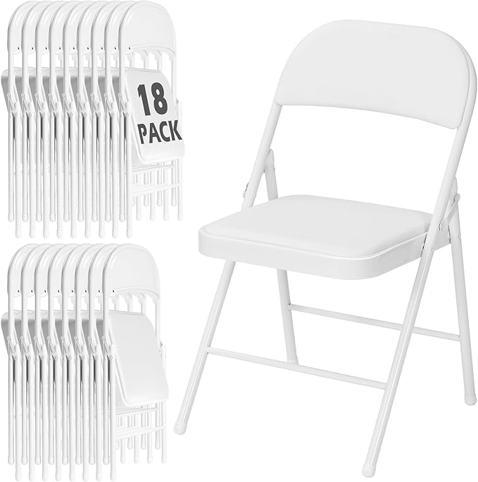 18 Pack White Folding Chairs with Padded Cushion for Outside, Portable Stackable Commercial Metal Foldable Chairs with Steel Frame for Home Events Office Wedding Party, 350lbs Capacity