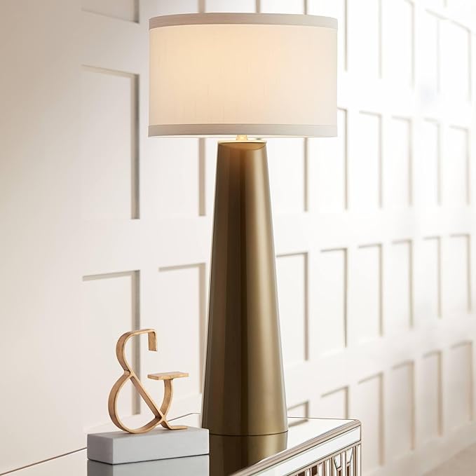 Possini Euro Design Karen Modern Table Lamp 36" Tall with USB Dimmer Dark Gold Glass Column Off White Fabric Drum Shade for Bedroom Living Room House Bedside Nightstand Home Office Entryway Family