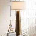 Possini Euro Design Karen Modern Table Lamp 36" Tall with USB Dimmer Dark Gold Glass Column Off White Fabric Drum Shade for Bedroom Living Room House Bedside Nightstand Home Office Entryway Family