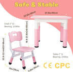 FUNLIO Kids Table and 2 Chairs Set, Height Adjustable Toddler Table and Chair Set for Ages 3-8, Easy to Wipe Arts & Crafts Table, for Classrooms/Daycares/Homes, CPC & CE Approved (3pcs Set) - Pink