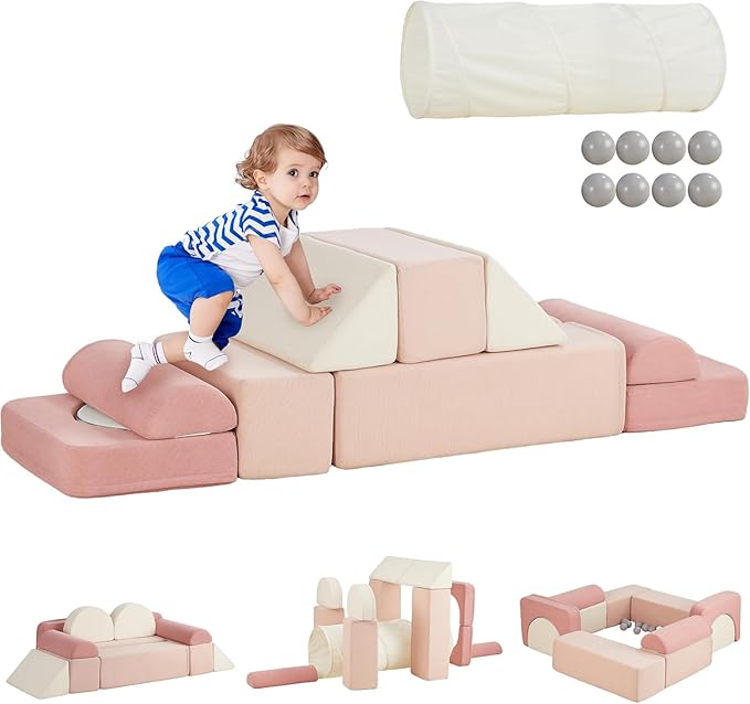 Asweets Kids Play Couch with Tunnel and Balls, Play Couch for Toddlers, Kids Foam Convertible Play Building Fort for Christmas and New Year, Pink