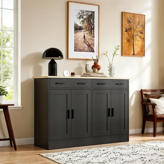 Black Sideboard Buffet with 4 Doors & 2 Drawers, Accent Coffee Bar, Kitchen Cabinet for Living Room, Kitchen or Hallway