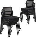 CLATINA Stacking Armless Office Guest Chair with Wheels, Stackable Mesh Waiting Room Reception Desk Chairs with Adjustable Backrest for Conference Lobby Side School, Black, 8PK