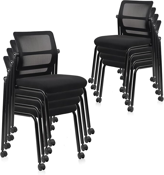 CLATINA Stacking Armless Office Guest Chair with Wheels, Stackable Mesh Waiting Room Reception Desk Chairs with Adjustable Backrest for Conference Lobby Side School, Black, 8PK