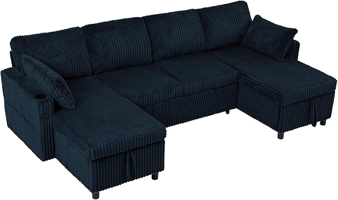 110" Corduroy Pull Out Sofa Bed w/Adjustable Backrests, Sectional U-Shape Sleeper Sofa w/Storage Chaise, Convertible Couch Bed w/USB Charging Port & Cup Holders for Living Room, House, Blue