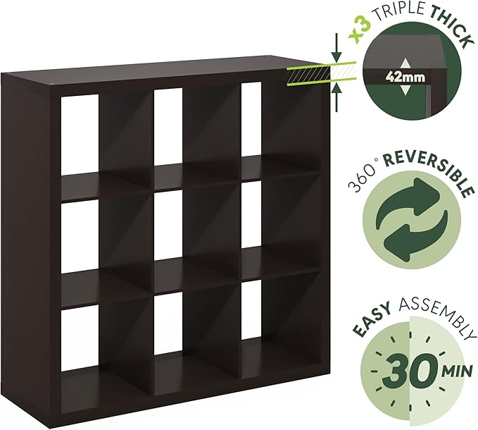 Furinno Cubicle Book Shelf, 9-Cube Bookshelf, Triple Thick Frame Cube Storage Organizer, Bookcase, 15.4 x 43.8 x 43.4, for Home Office, Living Room, Black Oak