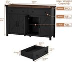 55" Sideboard Buffet Cabinet with Storage, Coffee Bar Cabinet with 2 Drawers and 4 Barn Doors, Long Storage Cabinet Modern Farmhouse, Black Wood, for Kitchen, Dining Room, Living Room
