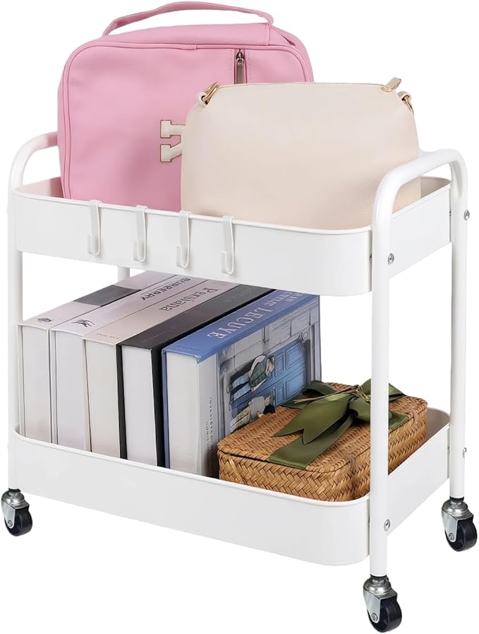 Under Desk Storage Cart 2 Tier Utility Rolling Cart with Wheels, Small Metal Mobile Trolley with Handle Two Tiered Utility Organizer Roller for Kitchen Office Bathroom Pantry Room, White