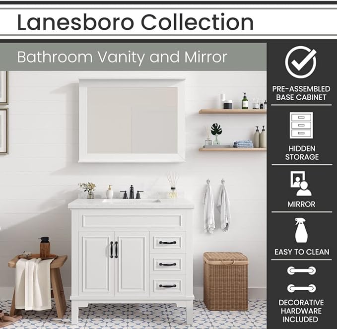 Hanover 36 Set Includes w, White Lanesboro 36'' Vanity Sink Combo for Bathroom, Powder Room | Pre-Assembled 2 Doors, 3 Drawers | Accent Mirror | Artificial Stone Countertop, Cabinet, 36 inches