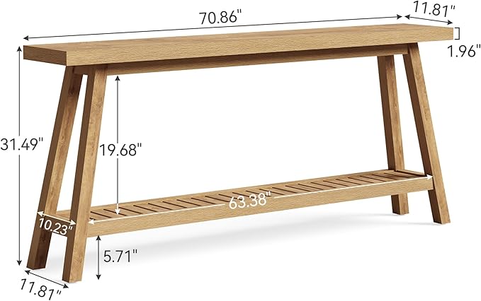 LITTLE TREE 70.9 Inches Extra Long Console Table for Entryway, 2-Tier Narrow Wood Sofa Table Behind Couch, Large Sofa Table for Living Room, Light Brown Hallway Entry Table with Storage