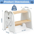 Wooden Step Stool - Two Step Stools Toddler 250 lbs Capacity with Safety Non-Slip Pads - Potty Training Stool for Bathroom Sink, Bedroom, Kitchen Dual Height Step Stools for Kids(Cat|White)