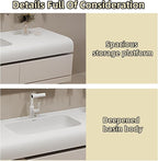 60IN Bathroom Vanity with Sink - Bathroom Cabinet Set has 2 Drawers & Overflow Hole Wall Mounted | LED Practical Defogging Mirror, Open Compartments, Seamless Rock Slab Basin (Cream White)