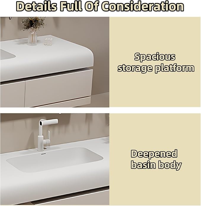 64IN Bathroom Vanity with Sink - Bathroom Cabinet Set has 2 Drawers & Overflow Hole Wall Mounted | LED Practical Defogging Mirror, Open Compartments, Seamless Rock Slab Basin (Cream White)