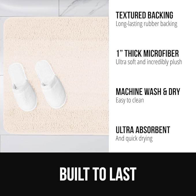 GORILLA GRIP Ultra Soft Plush Bathroom Rugs with Textured Rubber Backing, Absorbent Quick Dry Bath Mat, Machine Washable Shower Mats, Home Décor Accessories Bathmat Rug Essentials, 30 x 18 Ivory