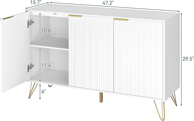 Fluted Buffet Cabinet,Wooden Console Storage with 3 Doors and Adjustable Shelves,White Sideboard for Entryway,Kitchen,Bathroom,Home Office