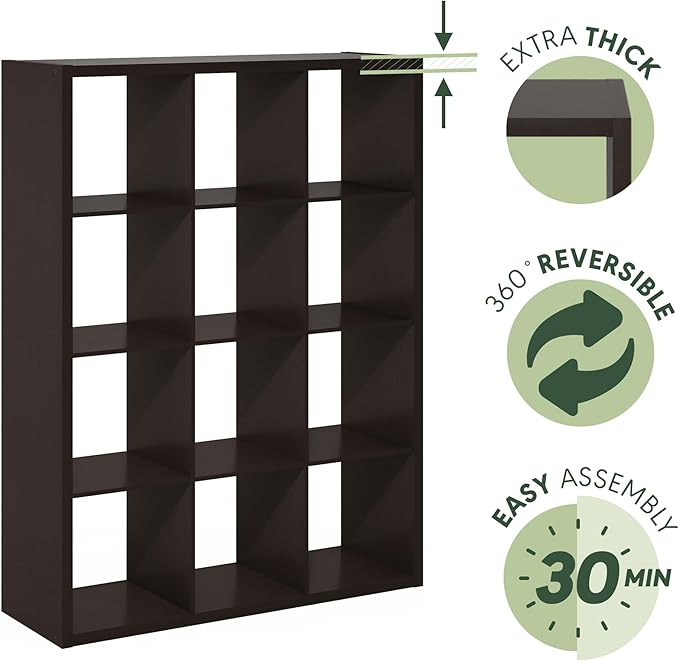 Furinno Cubicle Book Shelf, 12-Cube Thick Frame Bookshelf, Reversible Bookcase with Open Back, 14.6 x 43.8 x 58, for Living Room, Bedroom, Home Office, Black Dark Oak