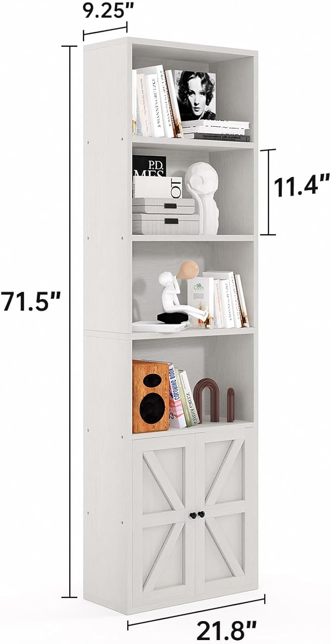 MXV 6 Tier 71" Tall Wooden Bookshelf&Bookcase with Doors, Storage Shelves Organizer, Floor Standing Modern Display Cabinet Shelves, Home Decor Furniture for Home Office, Living Room, Bedroom, White