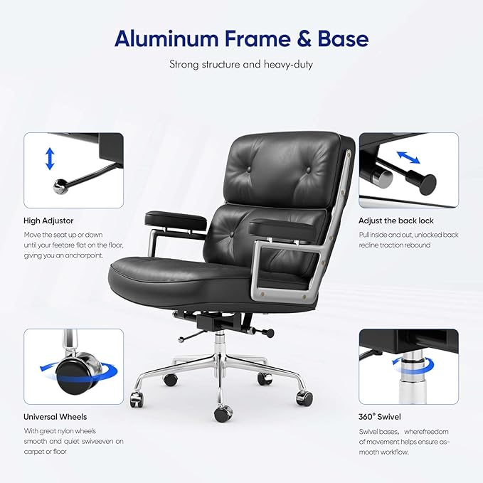 Genuine Leather Office Chair, Mid Back Executive Desk Chairs with Aluminum Arms and Wheels, Swivel Office Leather Chair with Thickened Backrest and Ergonomic Lumbar Support, Black