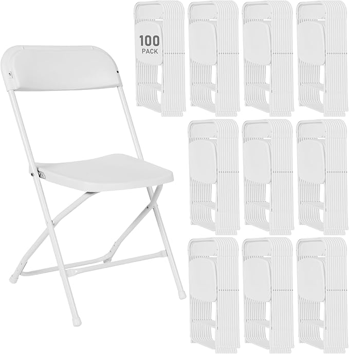 100 Pack Plastic White Folding Chairs, Portable Stackable Commercial Party Folding Chairs with Steel Frame 350lbs for Home Office Outdoor Indoor Office Wedding Party Event