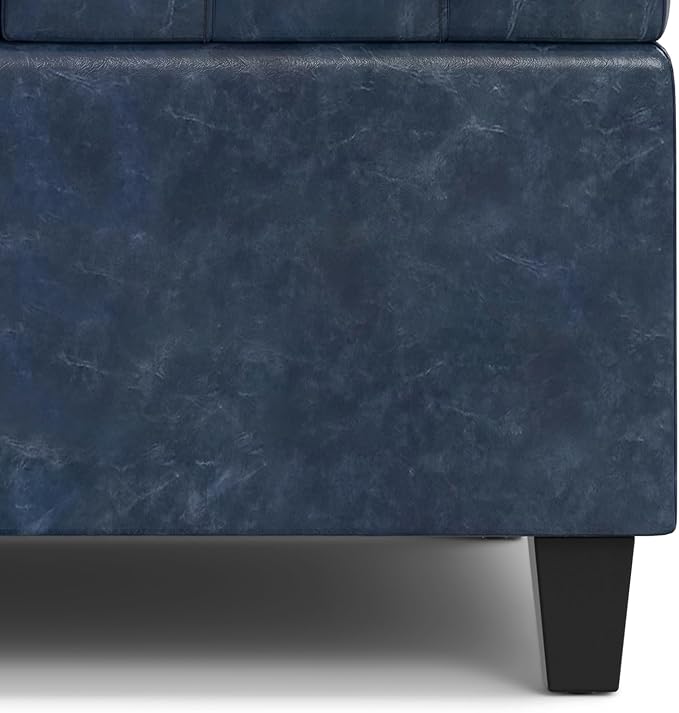 SIMPLIHOME Harrison 30 inch Wide Transitional Square Small Coffee Table Storage Ottoman in Denim Blue Vegan Faux Leather, Assembled, for The Living Room and Bedroom