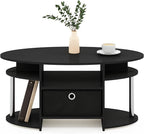 Furinno Jaya Simple Design Oval Coffee Table with Bin for Living Room, Americano/Chrome/Black