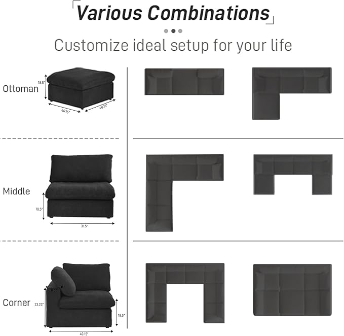 Cloud Couch Modular Sectional Sofa with 2 Storage Ottomans,160.6" U Shaped Couch,6 Seater Minimalist Wide Deep Seat Convertible Couches, Covers Washable&Replaceable,Black