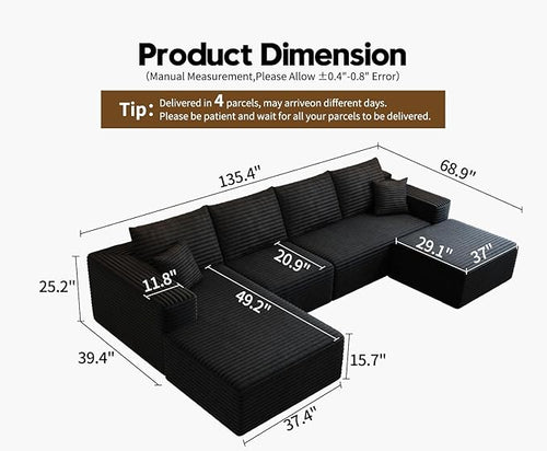 135.4" Cloud Sectional Couch with 1 Ottoman,Modern Modular Sofa with Deep Seat, Comfort U Shaped Sofa Couches for Living Room Bedroom Apartments,No Assembly Required, (Black,Left Facing Chaise)